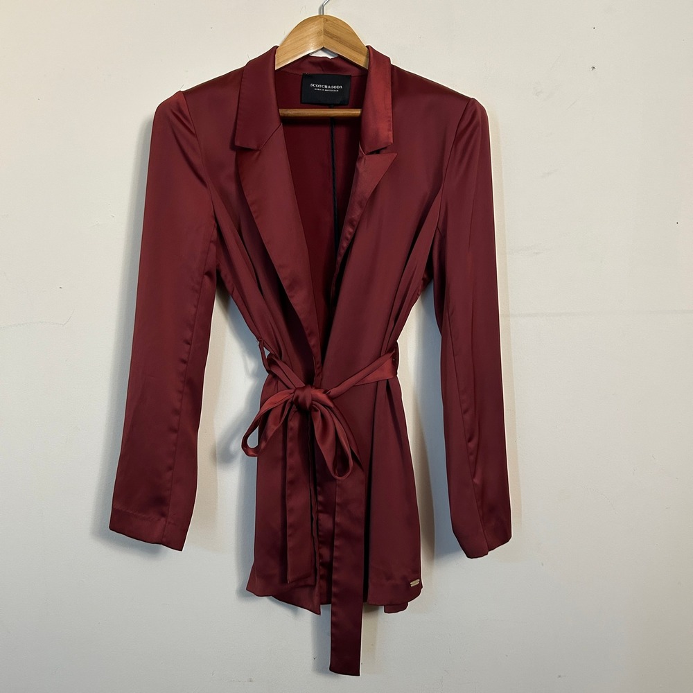 Scotch & Soda Satin Wrap Blazer Women Large Burgundy Wine Tie Waist‎